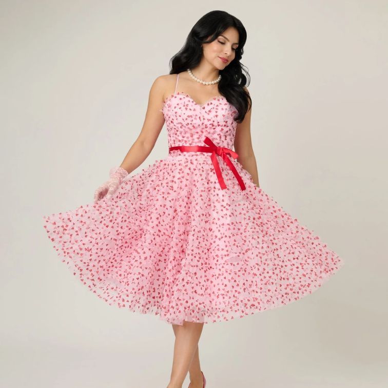 Unique Vintage Pink & Red Glitter Heart Tulle Cupcake Swing Dress