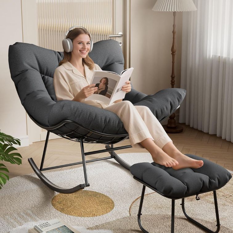 Garvee Papasan Rocking Chair with Footrest